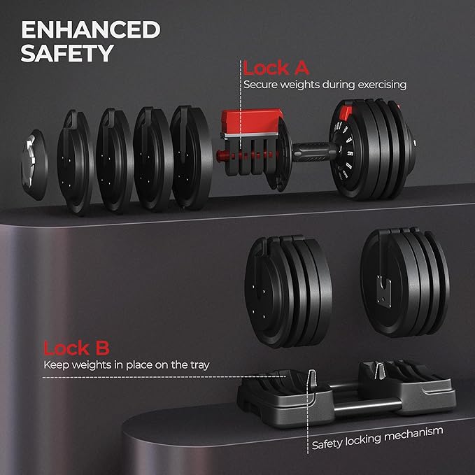 Yaheetech Adjustable Dumbbell Set Free Weight Dumbbells 40lbs/52.5lbs/90lbs Fast Adjust Dumbbells Dumbbell Weight Set, with Tray for Men/Women Strength Training Equipment
