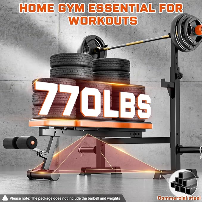 Fostoy Adjustable Weight Bench with Squat Rack, 770lbs Heavy Duty Olympic Bench Press for Home Gym, Multi-Function Flat Incline Workout Bench Family Strength Training With Removable Foot Catch
