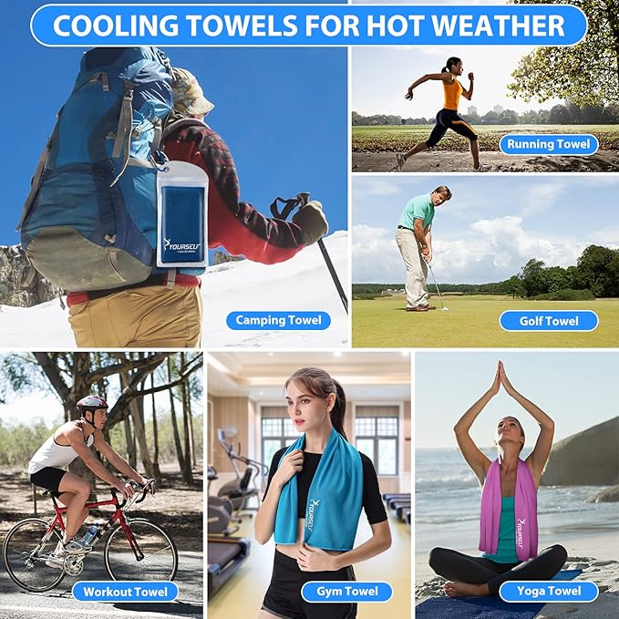 SYOURSELF Cooling Towels for Neck and Face, 4 Pack 40" x 12" Cooling Towel for Hot Weather, Soft Breathable Instant Cool Chilly Pad for Sports Golf Yoga Gym Athletes Camping Ice Towels(Dblue)