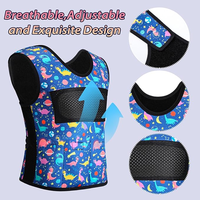 Janmercy Weighted Vest for Kids Ages 4 to 7 and Ages 8+ Boy Girl Adjustable Breathable Compression Vest for Processing Issue(Dinosaur,Small,Dark Blue)