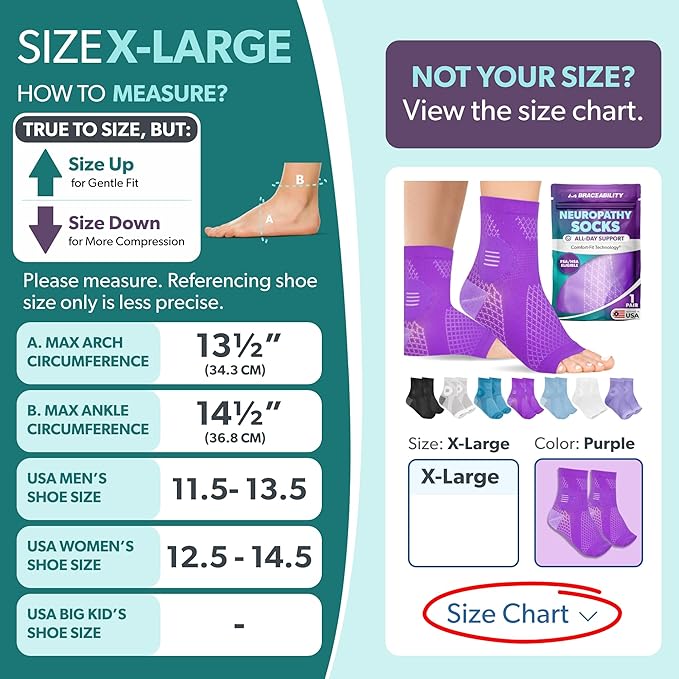 BraceAbility Neuropathy Socks (Pair) - Peripheral Neuritis Compression Diabetic Toeless Foot Sleeves for Nerve Damage Pain in Feet, Ankle Gout, Plantar Fasciitis Relief Brace for Men and Women (XL - Purple)
