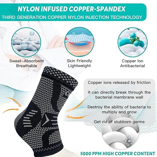 INDEEMAX Copper Ankle Brace Ankle Compression Sleeve Support Ankle Brace for Women & Men, Achilles Tendonitis Brace, Plantar Fasciitis, Sports, Silver Black, XL