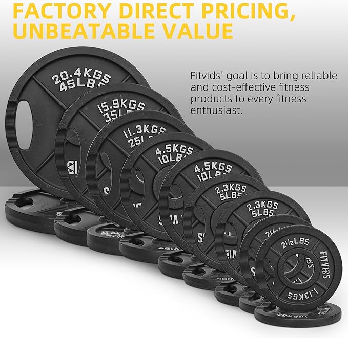 Fitvids Cast Iron 2-Inch Olympic Plate Weight Plate for Strength Training and Weightlifting, Multiple Sizes