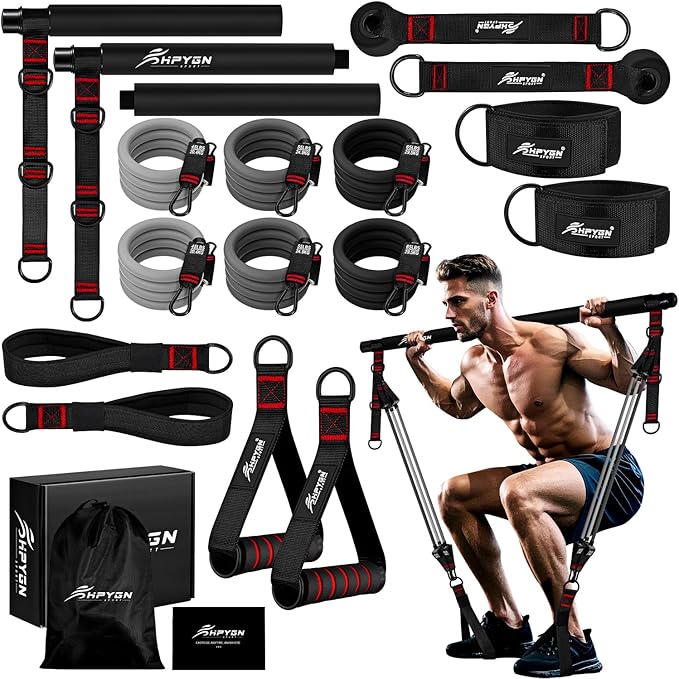 HPYGN Pilates Bar Kit with Resistance Bands, Heavy Duty Multifunctional Pilates Workout Equipment for Strength Training, HIP, Back, Arms, Ab, Shoulders, Portable Home Gym & Travel Fitness Gear for Men