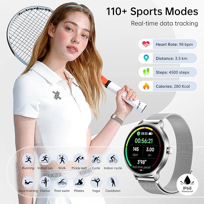 Smart Watch for Women, 1.27" AMOLED Screen Smartwatch with Answer/Make Call for iPhone/Android/Samsung, Fitness Tracker with 120+ Sport Modes, Heart Rate/Sleep/Health Monitor, IP68 Waterproof, Silver