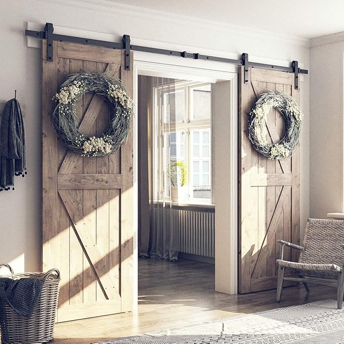 SMARTSTANDARD 10FT Double Barn Door Hardware Kit, Sliding Door Track-Smoothly and Quietly -Includes Detailed Installation Fit 30" Wide Door Panel(J Shape Hanger) Black
