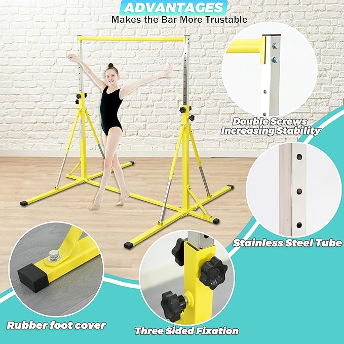 Foldable Gymnastics Bar,5FT Horizontal bar,Adjustable Kids Training bar for Kids Ages 3-15,Kids Gymnastics bar,Triangle Stable Structure-Gym Equipment for Home