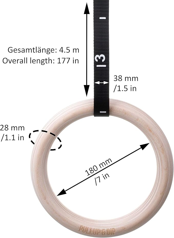 PULLUP & DIP Premium Gymnastic Rings, Wooden Gym Rings for Calisthenics - Wide Straps with Length Markings + Door Anchor + Carry Bag + Exercise Guide, Calisthenics Rings