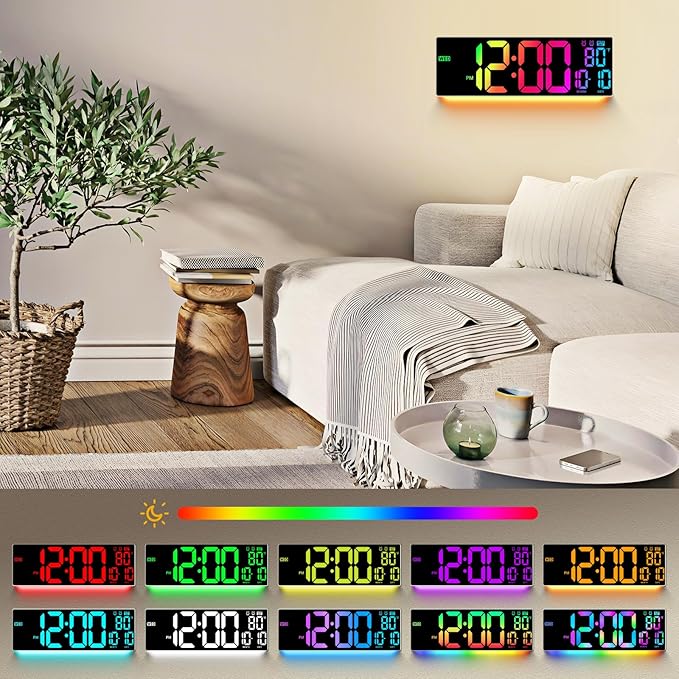16.5" Large Digital Wall Clock: 11 RGB Color LED Display with Remote Control, Auto DST, Temperature & Date, Big Number Wall Clock for Seniors, Classroom, Office, Gym, Home Decor Khaki