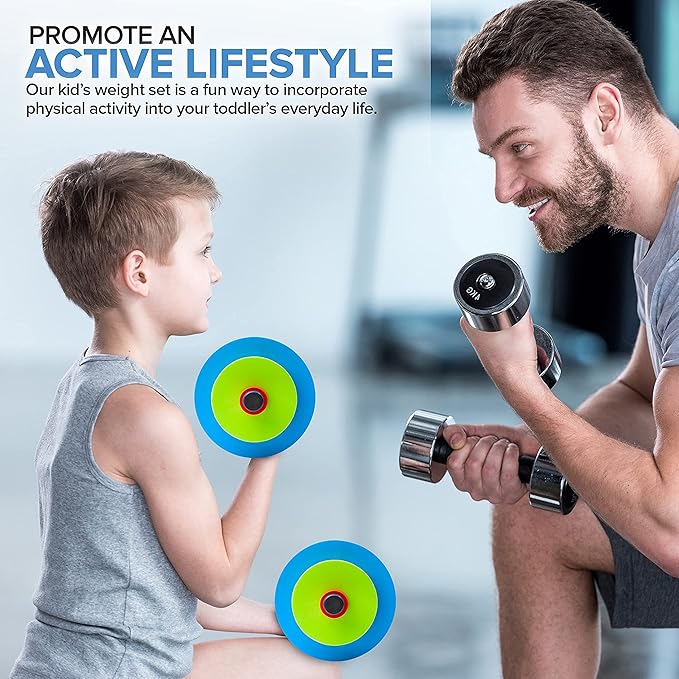 Modern Innovations Kids Weight Set (2 Pack) Toy Dumbbells, Baby Dumbbell Workout Weights, Fun Fitness and Exercise Equipment for Toddlers - Blue, Green, Red…