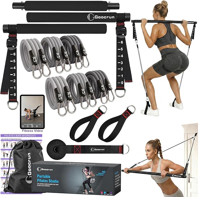 Goocrun Portable Pilates Bar Kit with Resistance Bands for Men and Women - 3 Set Exercise Resistance Bands - Multifunctional Home Gym - Supports Full-Body Workouts – with Fitness Poster and Video