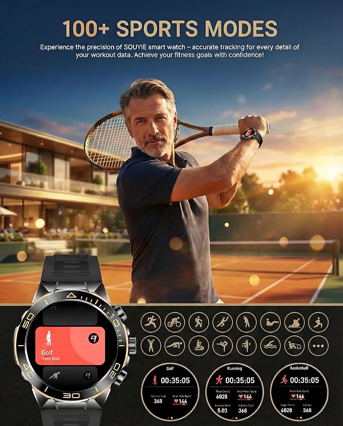 SOUYIE Men's Smart Watch with Bluetooth Call, 1.43" AMOLED Round Dial, Luxury Stainless Steel & Silicone Bands, Business Sport Fitness Tracker, Heart Rate/Blood Pressure/Sleep Monitor for iOS Android