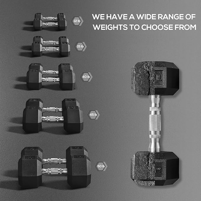 Soozier 2 x 12lbs/2 x 15lbs/2 x 40lbs/2 x 45lbs/2 x 50lbs Hex Dumbbell Set of 2, Rubber Weights Exercise Fitness Dumbbell with Non-Slip Handles, Anti-roll, for Women or Men Home Gym Workout