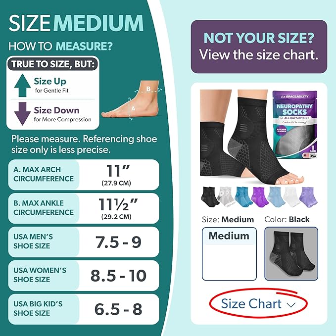 BraceAbility Neuropathy Socks (Pair) - Peripheral Neuritis Compression Diabetic Toeless Foot Sleeves for Nerve Damage Pain in Feet, Ankle Gout, Plantar Fasciitis Relief Brace for Men and Women (M - Black)