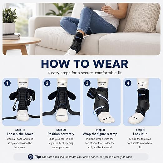 Ankle Brace for Sprain & Sports – 3-Point Support System, No Pressure Comfort Even After Hours, Figure-8 Stability, Easy Hook & Loop Fit for Running, Basketball & Work, L