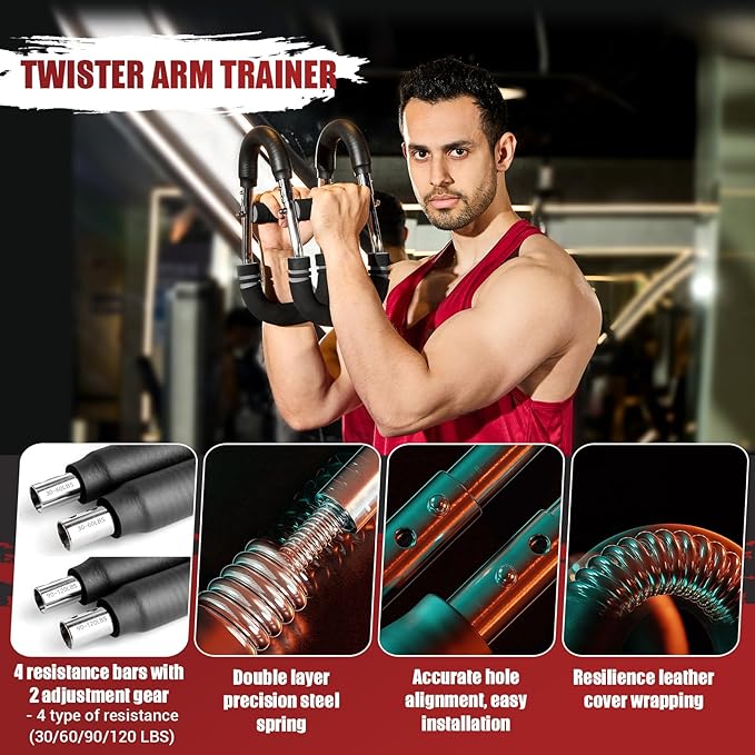 Twister Arm Trainer, 30-120 lbs Adjustable Twister Arm Chest Exerciser with 4 Spring & Poster for Men & Women, Detachable Power Twister Home Fitness Equipment for Enhancing Upper Body Muscle