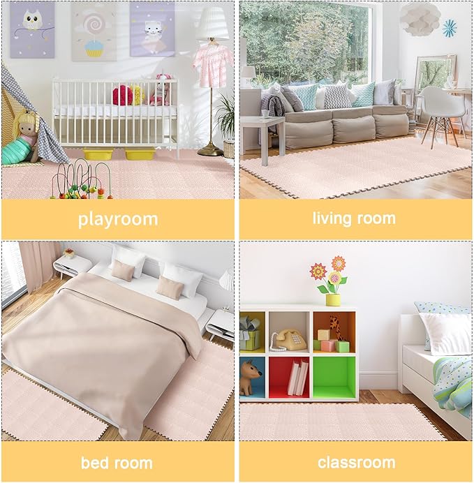 Shihanee Foam Floor Tiles Foam Floor Mats Play Mats Bulk with Borders Interlocking for Bedroom Gym Nursery(11.8 x 11.8 Inch,Beige)