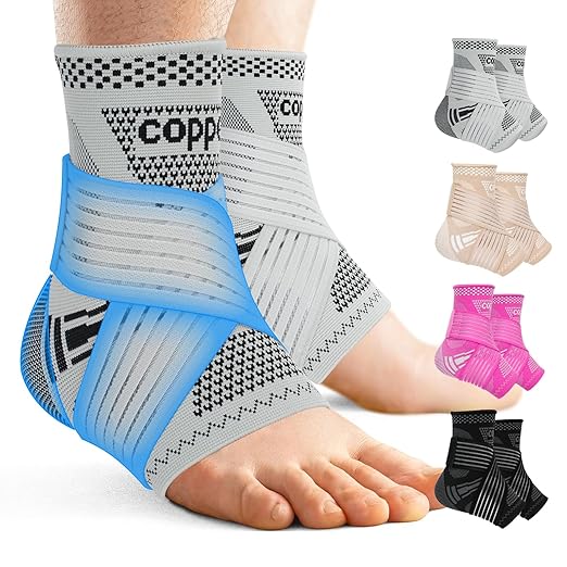 DRNAIETY Copper Ankle Brace for Men & Women - 1 Pair Adjustable Ankle Support Compression Sleeve for Plantar Fasciitis, Achilles Tendonitis, Foot Pain, Swelling, Sprains - Everyday Use (Grey, Small)