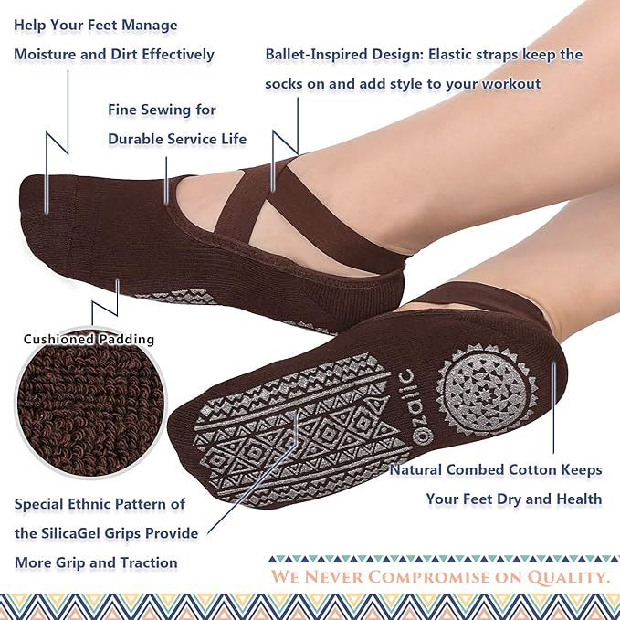 Ozaiic Pilates Socks for Women Non Slip Grip, Yoga Socks with Grippers for Barre, Hospital, Ballet, Dance, Barefoot Workout