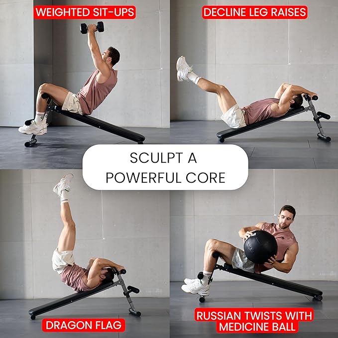 Finer Form Gym-Quality Adjustable Sit Up Ab Bench & Decline Weight Bench for Home Gym Strength Training.
