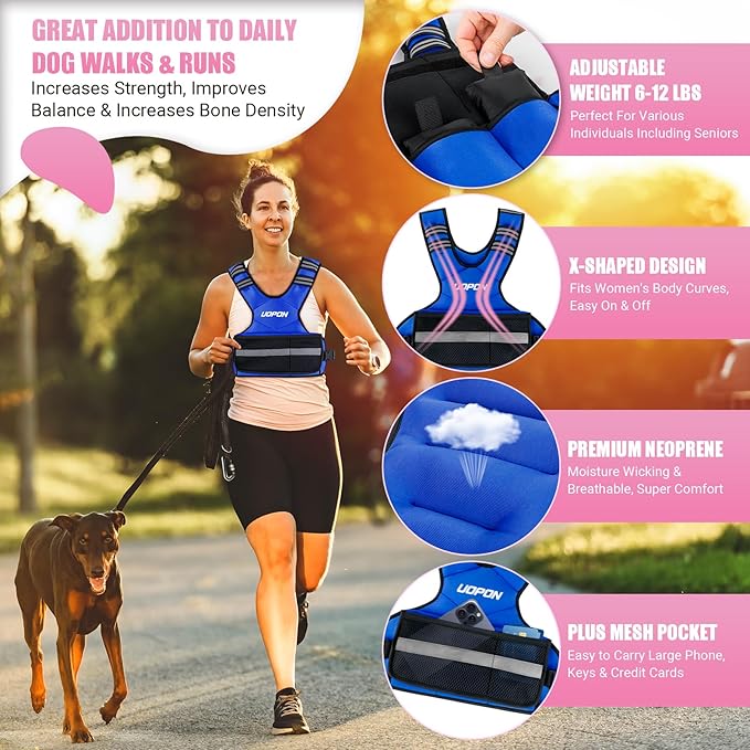Adjustable Weighted Vest Women Men, 6-12 Lb/10-19 Lb/20-32 Lb Rucking Vest with 6 Ironsand Weights, Great Vest with Plus Pockets & Reflective Strips for Running, Walking, Workout and Strength Training