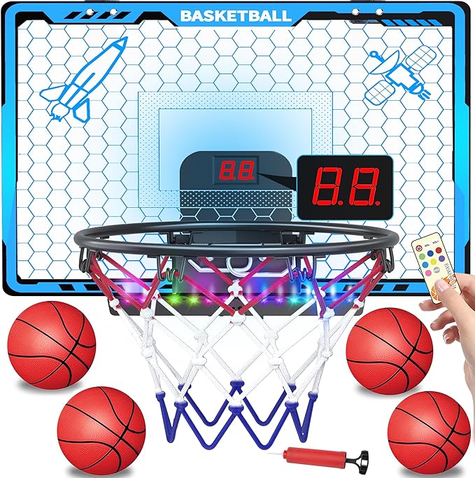 Awsoo Indoor Basketball Hoop for Kids, Mini Basketball Hoop with Electronic Scoreboard & LED Lights, Over The Door Basketball Hoop with 4 Balls, Slam Dunk Basketball Toy for Boys Girls Age 3-12 (Blue)