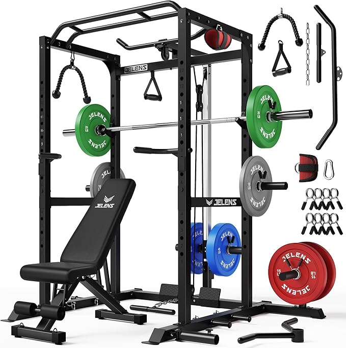 JELENS S21 Power Cage, Multi-Function Power Rack with Adjustable Cable Crossover System, 2000LBS Squat Rack for Home Gym with More Training Attachments