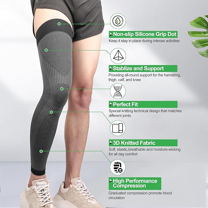 KEKING® Full Leg Compression Sleeves, Unisex, Thigh High Compression Stocking 20-30mmHg Graduated Support for Thigh Calf Knee, Running, Basketball, Reduce Varicose Veins and Swelling, 1 Pair, Black L