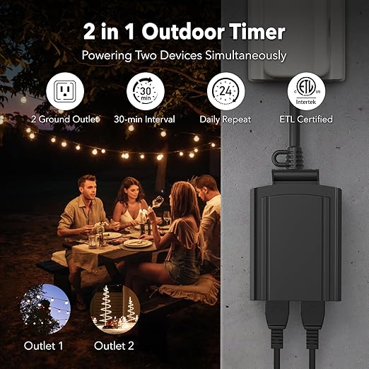 BN-LINK 24 Hour Heavy Duty Mechanical Timer, Outdoor Timer Outlet Waterproof with 30 Minutes Intervals, 2 Grounded Outlets for Christmas Lights Pool Pump,15A 1/2HP, ETL Listed（2 Pack）