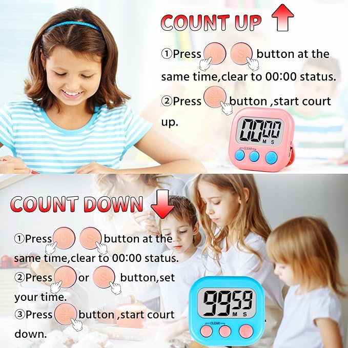Timer for Kids Teachers Digital Kitchen Timers for Cooking Large Magnetic Classroom Timer 24Pack-Blue Pink
