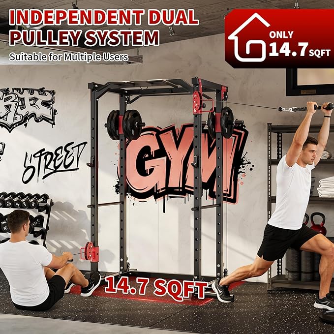 GarveeLife Power Cage, Power Rack with Cable Crossover System, 2000LBS Squat Rack with LAT Pull Down System, Workout Cage with Pulley System for Fitness Home Gym Strength Training(Red and Black)