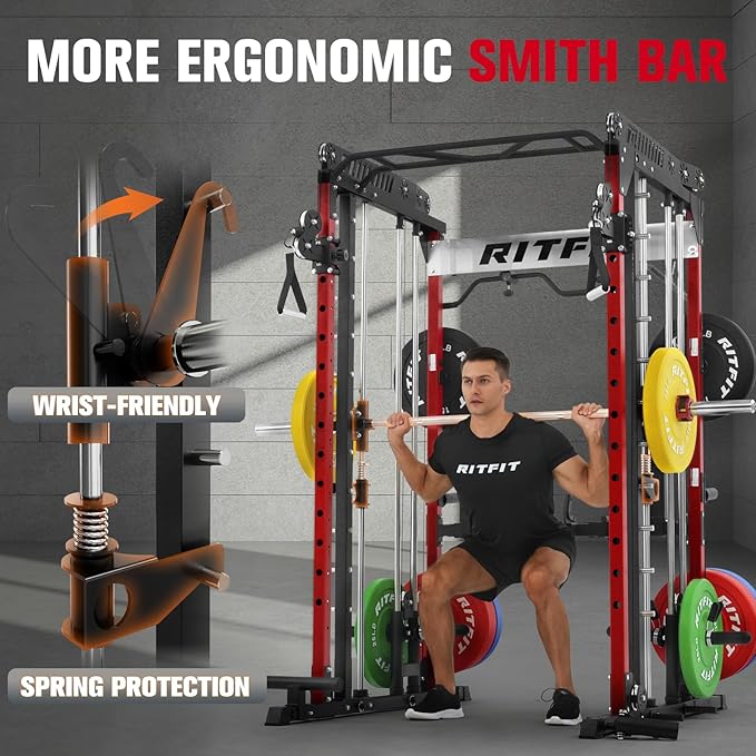 RitFit M1 Pro Smith Machine with Cable Crossover System, Multi-Function Squat Rack Power Cage for Home Gym, Power Rack and Packages