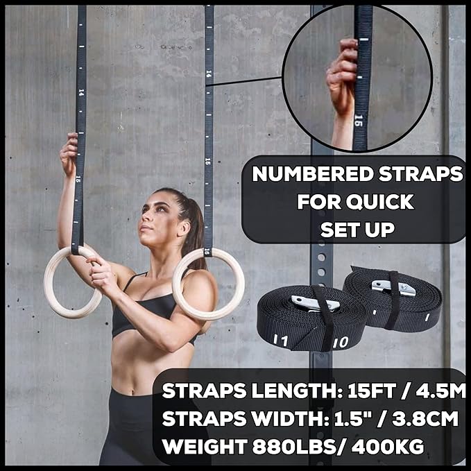 Wood Gymnastic Rings 32mm and 28mm Grip with Adjustable Numbered Straps + Grip Tape + Pull Up Resistance Bands + Drawstring Carry Bag