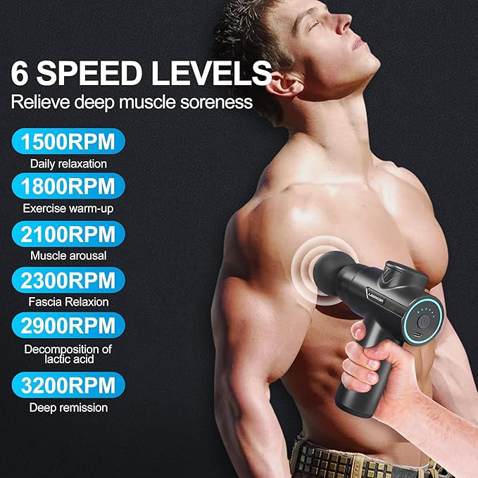 LEERCON Mini Massage Gun for Deep Tissue Pain Relief, Handheld Portable Percussion Muscle Massager with 6 Speeds & 4 Heads, Fascial Gun for Gym, Office & Travel - Gift for Dad, Mom, Athletes