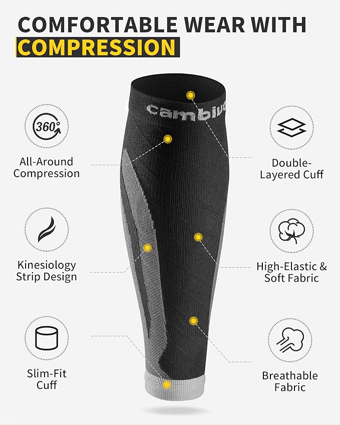 CAMBIVO 3-Pair Calf Compression Sleeves for Men & Women – Footless Socks for Shin Splints & Leg Pain Relief, 1 Pair Available