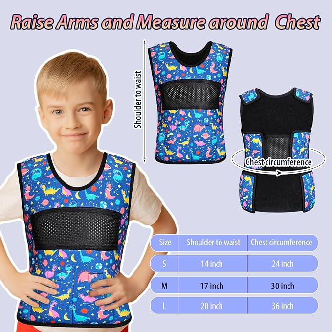 Janmercy Weighted Vest for Kids Ages 4 to 7 and Ages 8+ Boy Girl Adjustable Breathable Compression Vest for Processing Issue(Dinosaur,Medium,Dark Blue)