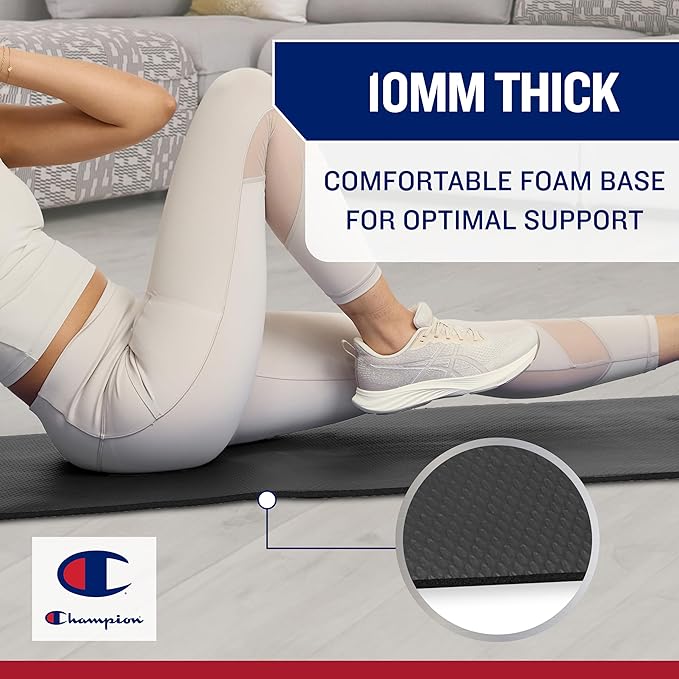 Champion 10mm Exercise Mat, Cushioned Non-Slip Workout Mat with Textured Base for Yoga, Pilates, Stretching & Floor-Based Training, Lightweight NBR Material, Includes Carry-On Strap