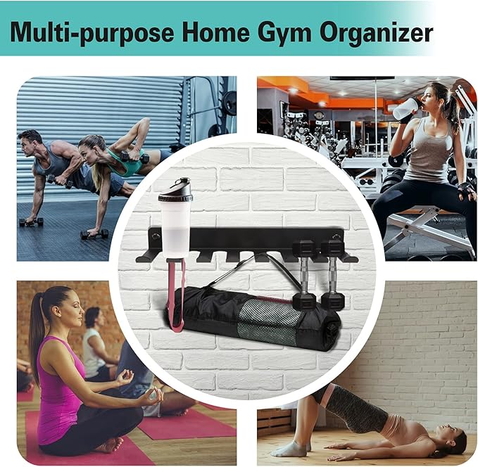 Heavy Duty Wall Mount Gym Rack 16" 8-Prong Multi-Purpose Storage for Barbells, Resistance Bands, Jump Ropes, Lifting Belts, Chains, Foam Rollers & Straps Home Gym Organizer
