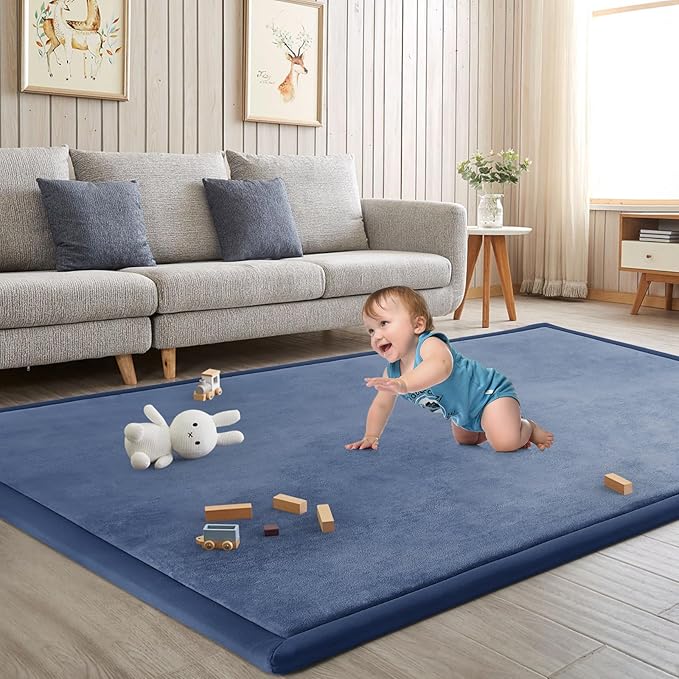 Baby Play Mat for Floor Nursery Rug Muscle Mat Area Rug Playroom Rug 71"x79" Playpen Mat Memory Foam 1.3" Thick Crawling Mat for Babies,Toddlers, Infants, Kids,Sapphire Blue