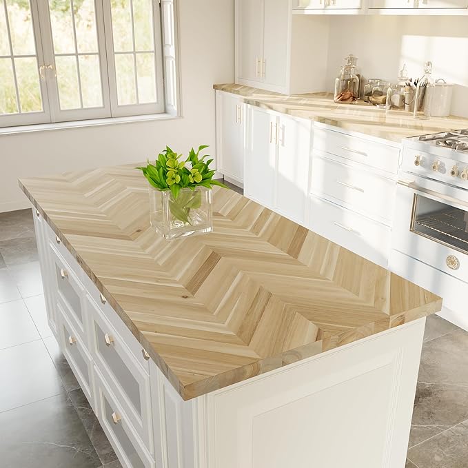 Howizz Chevron Butcher Block Countertop 48 x 25 x 1.5 Inches, Unfinished Acacia Solid Wood Table Top for Desk Top, Workbench Top, Kitchen Countertop