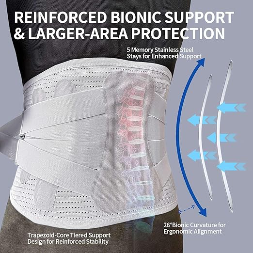 Lower Back Brace for Women Men, Adjustable Lumbar Support with 3D Pad, Breathable Ergonomic Support Belt with Metal Stays for Work, Lifting, Drive, Grey,Size L,Waist 38"-45"