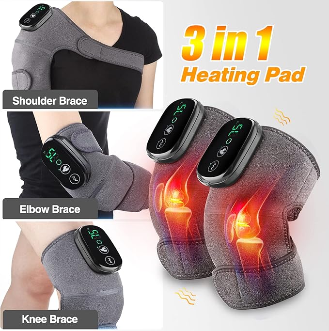 MOAJAZA Heated Knee Massager Shoulder Heating Pads Elbow Brace 3 in 1 with Vibration, Cordless Rechargeable Heating Knee Warmers Wrap for Shoulder Elbow Knee Stress Relief 2 Packs