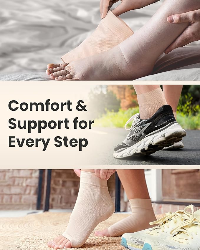 KEMFORD Ankle Compression Sleeve - 1-Pair, Plantar Fasciitis Braces - Open Toe Compression Socks for Swelling, Sprain, Neuropathy, Arch Support for Men and Women