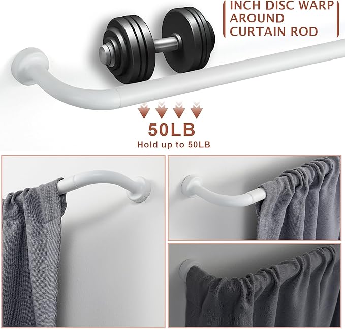 Matte White Curtain Rods for Windows 28 to 48",1 Inch Disc Wrap Around Curtain Rod with Aluminum Finials and Brackets,No Screw Disassembly Adjustable Blackout Curved Room Darkening Curtain Rod