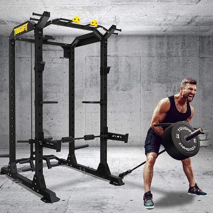 ToughFit 2024 Upgraded T2 Power Cage Muti-Function Power Rack with LAT Pulldown System Squat Rack with Weights and Bar Set for Home Gym with Unique Training Attachment