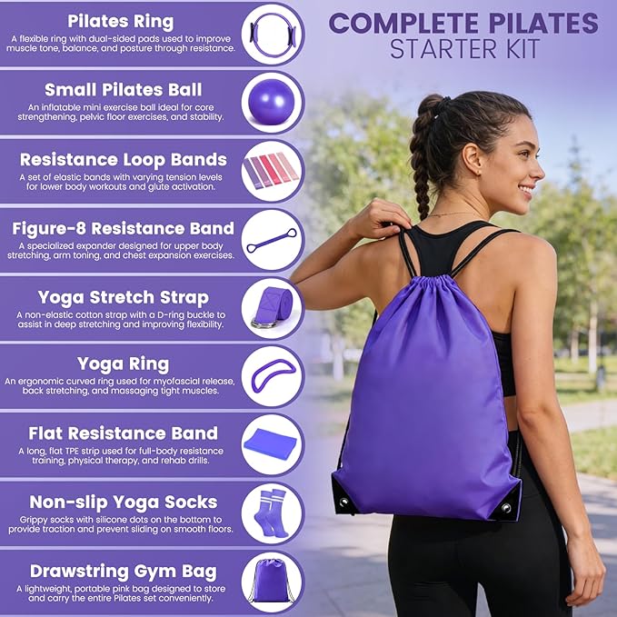 Pilates Kit for Women 13PCS, Pilates Ring and Ball Set with Magic Circle, Resistance Bands Set, Figure 8 Band, Yoga Ring & Grip Socks, Home Workout Equipment Essentials Starter Kit for Beginners