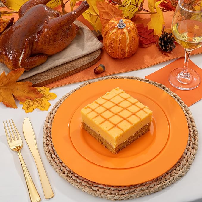 FLOWERCAT 60PCS Orange Plates - Heavy Duty Orange Plastic Plates Disposable for Easter & Spring Party - Serve 30 Guests 10.25inch and 7.5inch
