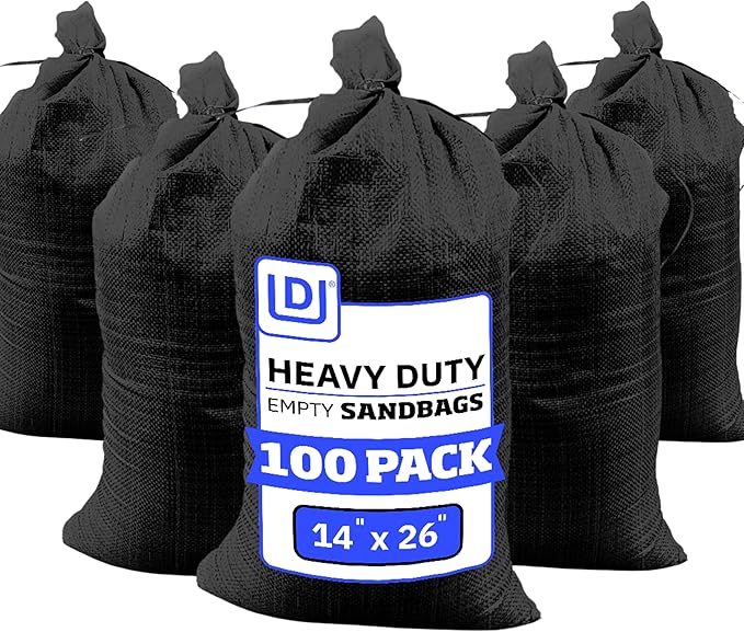 DURASACK Heavy Duty Sand Bags with Tie Strings Empty Woven Polypropylene Sand-Bags for Flood Control with 1600 Hours of UV Protection, 50 lbs Capacity, 14x26 inches, Black, Pack of 100