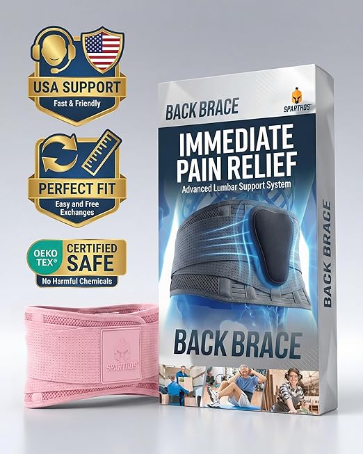 Sparthos Back Support Belt - Immediate Relief from Back Pain, Herniated Disc - Breathable Brace With Lumbar Pad - Lower Backbrace - For Men & Women - Fits 24–31″ Waist (Pink-XS, Check Size Chart)