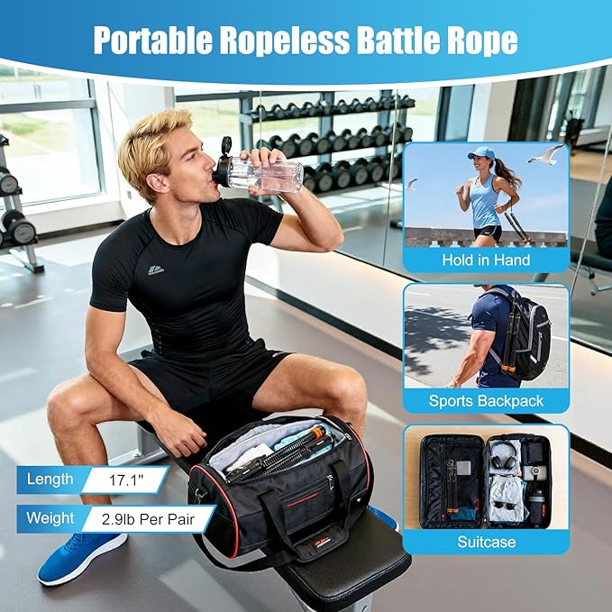 Weighted Ropeless Battle Ropes Adjustable Weight - Portable Cordless Battle Ropes for Home Gym with Poster - Strength Building, HIIT and Low-Impact Aerobic Training for Men & Women (Black Orange)